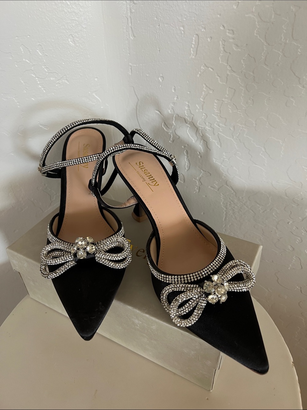 SUSANNA Black Crystal Bow Pointed-Toe Slingback Heels